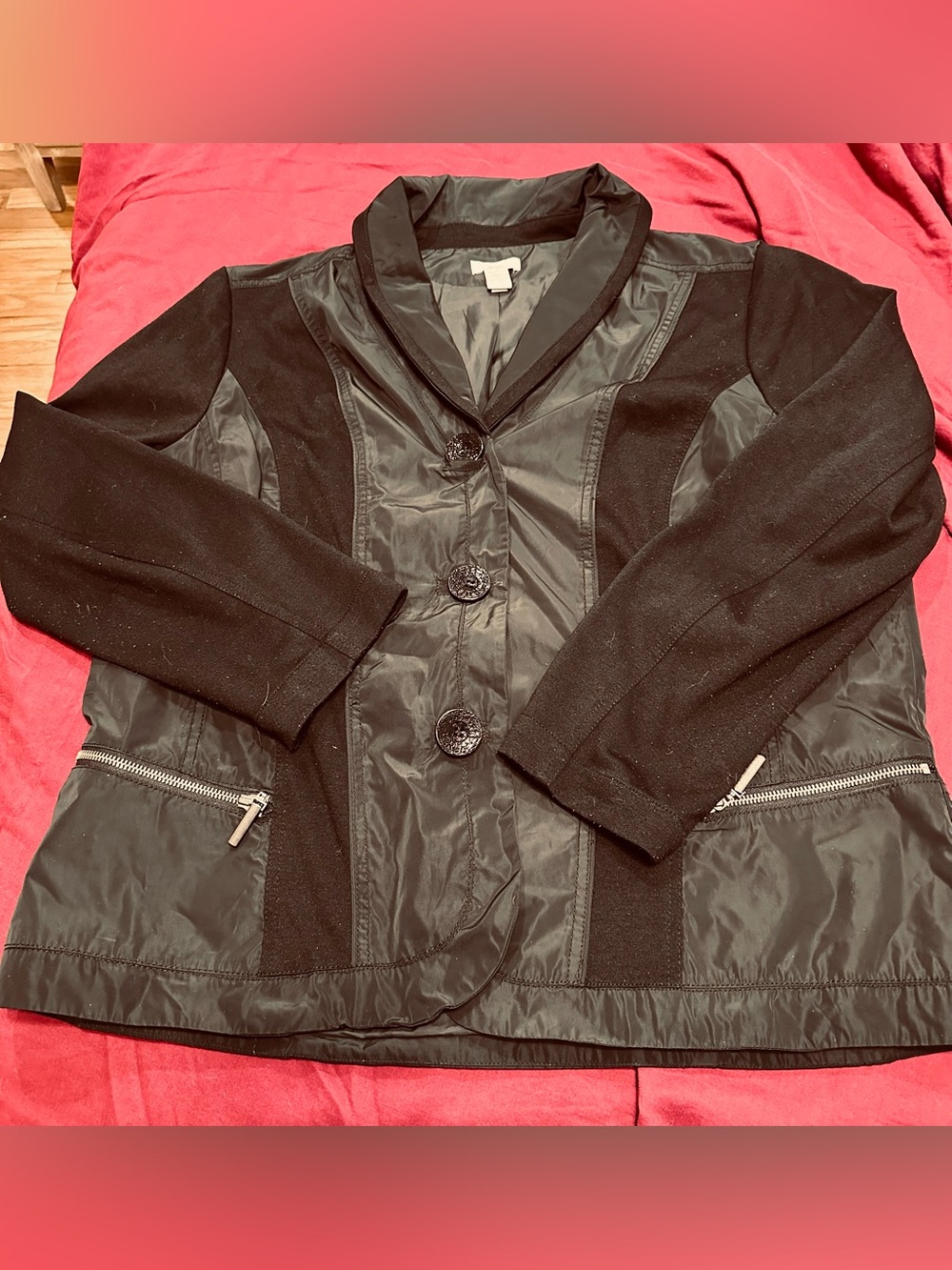 Chicos- size 3-Women's Black Mixed-Media 3 Button Jacket with pockets